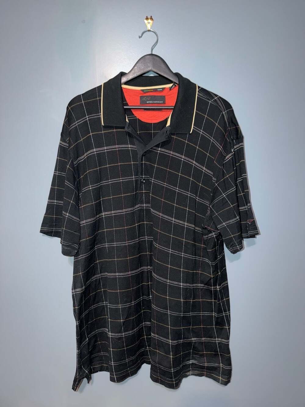 Greg Norman Black Plaid 60/2 Double Mercerized Golf Polo Shirt